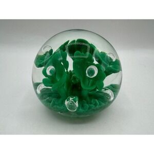 Joe Rice Floral Art Glass Paperweight Green Flowers 2005 Signed Handmade 3in